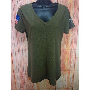 Grunt Style US 1776 Military Olive V-Neck T-Shirt Womens Large Cotton Blend